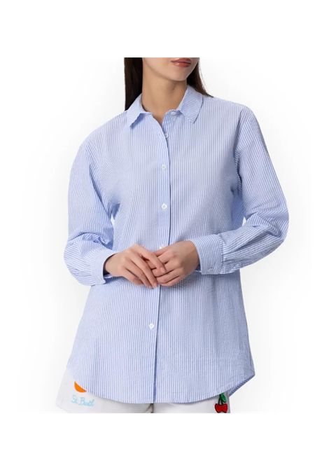 Camicia MC2 Saint Barth Brigitte donna BRIGITTE03864H Azzurra righe bianche colletto a punta spalle scese ricamo carrè MC2 SAINT BARTH | Camicie | BRIGITTE03864H31